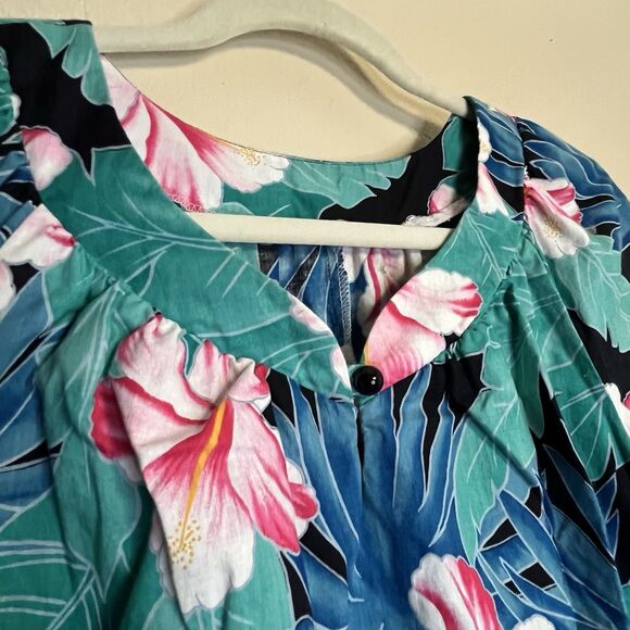 HiloHattie MuuMuu Sz M Teal Floral Tiki Lounge Vintage Luau Maxi Dress Camp - Picture 4 of 8